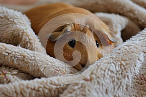 closeup of guinea pig snuggled in a fleece blanket