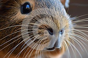 closeup of a guinea pigs face, whiskers in focus