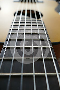 Closeup of guitar fret board