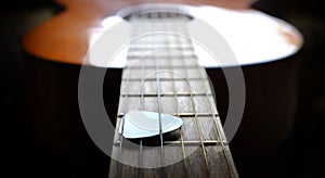 Closeup of Guitar Strings for Music Pick Strumming