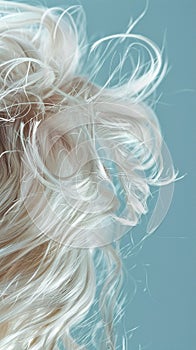 Closeup of hair with cloudlike softness capturing the texture and lightness against a skyblue background