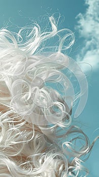 Closeup of hair with cloudlike softness capturing the texture and lightness against a skyblue background