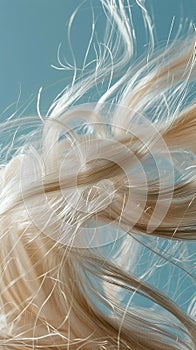 Closeup of hair with cloudlike softness capturing the texture and lightness against a skyblue background