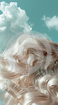 Closeup of hair with cloudlike softness capturing the texture and lightness against a skyblue background