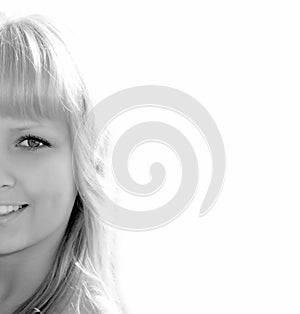 Closeup of half face girl isolated on white