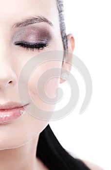 Closeup half portrait of smiling woman eyes closed