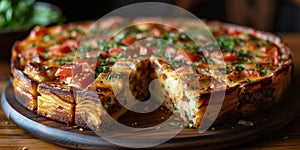 Closeup of halved Mexican torta sandwich with toasted bun and jalapeno pepper on plate over colorful tablecloth