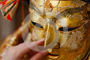 closeup of a hand adjusting the fit of a golden kabuki mask