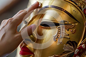 closeup of a hand adjusting the fit of a golden kabuki mask