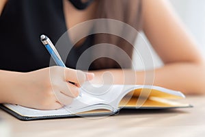 Closeup hand asian woman sitting study and learning writing notebook and diary on table in living room at home, girl homework