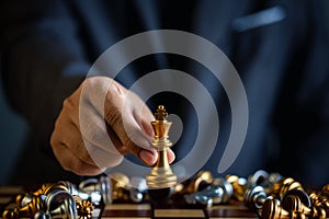 Closeup hand of businessman holding chess piece in competition play