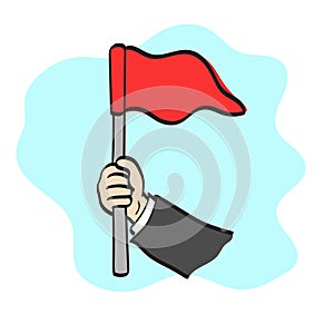 closeup hand of businessman holding red flag illustration vector hand drawn isolated on white background line art