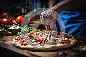 Closeup hand of chef baker in uniform blue apron cutting pizza at kitchen. Or makes the final touches to the preparation