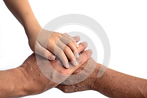 Closeup Hand of children Adults and seniors isolate on white background