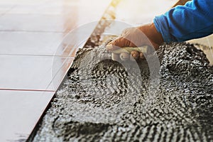 closeup hand construction worker laying tile