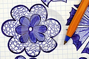 Closeup of hand drawn flower with ballpoint pen