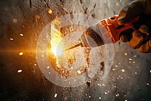 Closeup of a hand drilling a hole in a wall by generative ai