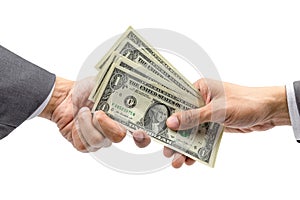 Closeup hand giving money to another hand isolated on white background