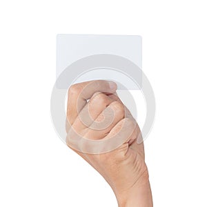 Closeup hand hold card isolated with clipping path