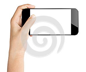 Closeup hand hold smartphone isolated white clipping path inside