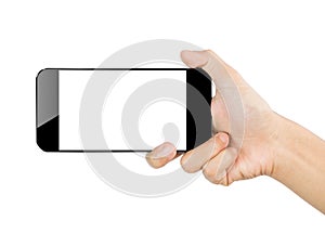 Closeup hand hold smartphone mobile isolated on white clipping path inside