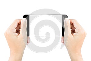 Closeup hand hold smartphone screen display isolated white