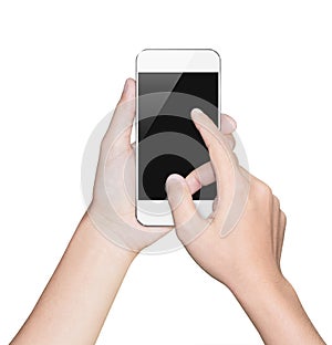 Closeup hand hold smartphone white clipping path inside