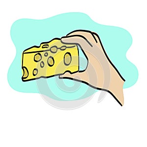 closeup hand holding cheese illustration vector hand drawn isolated on white background line art