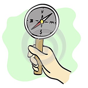 closeup hand holding compass illustration vector hand drawn isolated on white background line art