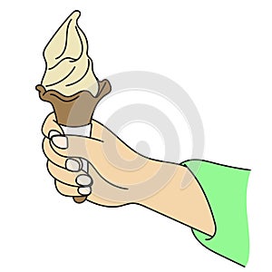 closeup hand holding cone vanilla ice cream illustration vector hand drawn isolated on white background