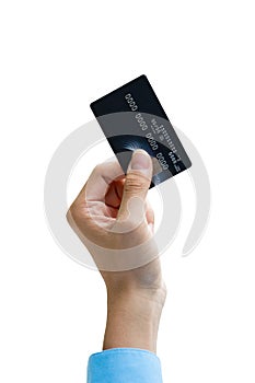 Closeup of hand holding credit card isolated over white