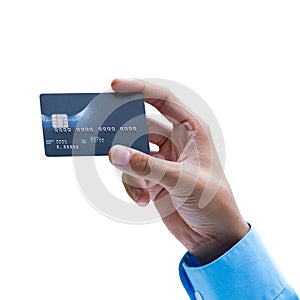 Closeup of hand holding credit card over white background
