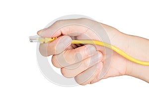 Closeup hand holding electrical plug and Lan cable