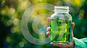A closeup of a hand holding a glass jar filled with a vibrant green liquid. The liquid is derived from energy algae and photo