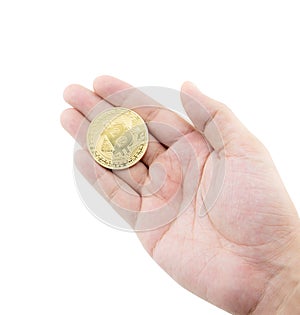 Closeup hand holding gold bitcoin isolated on white background,