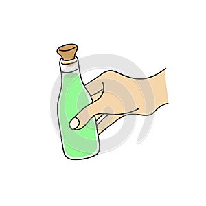 closeup hand holding green alcohol bottle illustration vector hand drawn isolated on white background