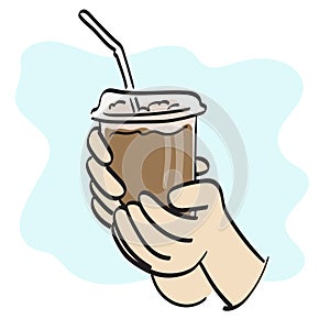 closeup hand holding iced coffee illustration vector hand drawn isolated on white background line art