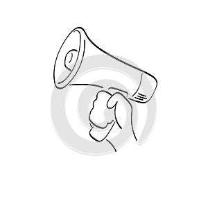 Closeup hand holding megaphone illustration vector hand drawn isolated on white background line art