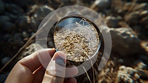 Closeup of a hand holding a sample of grain with a magnifying gl highlighting the high level of cleanliness and quality