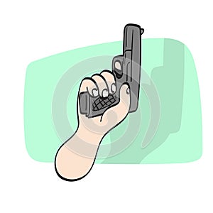 closeup hand holding short gun illustration vector hand drawn isolated on white background line art