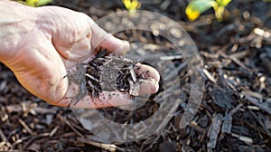 A closeup of a hand holding a small piece of biodegradable mulch showcasing its texture and lightweight feel. The mulch