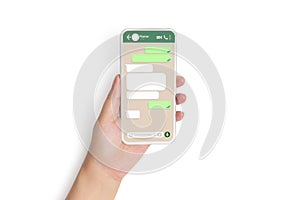 Closeup hand holding smart phone with social network mock up blank speech bubbles template chat box dialogue on phone screen