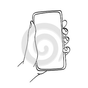 Closeup hand holding smartphone with blank screen illustration vector hand drawn isolated on white background line art