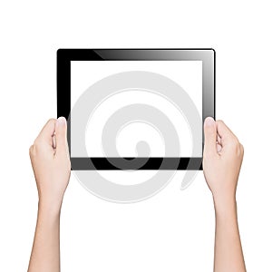 Closeup hand holding tablet isolated clipping path inside