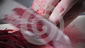 Closeup of hand with knife cutting fresh vegetable. Young chef cutting beet on a white cutting board closeup. Cooking in