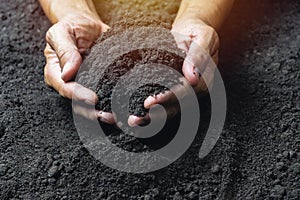 Closeup hand of person holding abundance soil for agriculture or planting peach concept