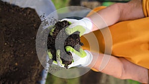 closeup hand of person holding abundance soil with young plant. Concept green world earth day. Hand of farmer inspecting