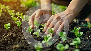 Closeup of hand planting lettuce seedlings in the ground at the garden