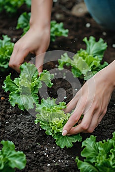 Closeup of hand planting lettuce seedlings in the ground at the garden