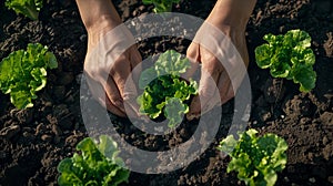 Closeup of hand planting lettuce seedlings in the ground at the garden